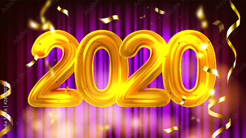 2020 New Year Party Advertising Banner Vector. Bright Number Two Thousand Twenty 2020 Decorated Golden Confetti Isolated Purple Theatre Scene Curtain Background Greeting Card Realistic 3d Illustration 2020 New Year Party Advertising Banner Vector. Bright Number Two Thousand Twenty 2020 Decorated Golden Confetti Isolated Purple Theatre Scene Curtain Background Greeting Card Realistic 3d Illustration