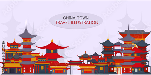 Vector greeting card with Chinese traditional temples and buildings on light gray background.