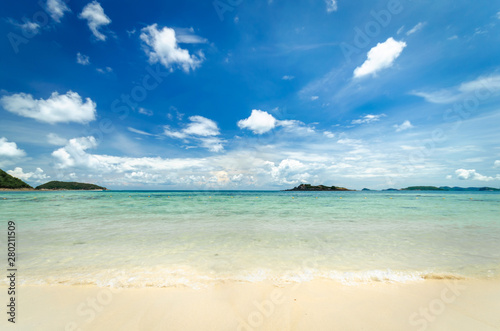 beautiful clear blue sea water on the beach paradise ocean with sky and cloud. vacation background on summer in Thailand coast.