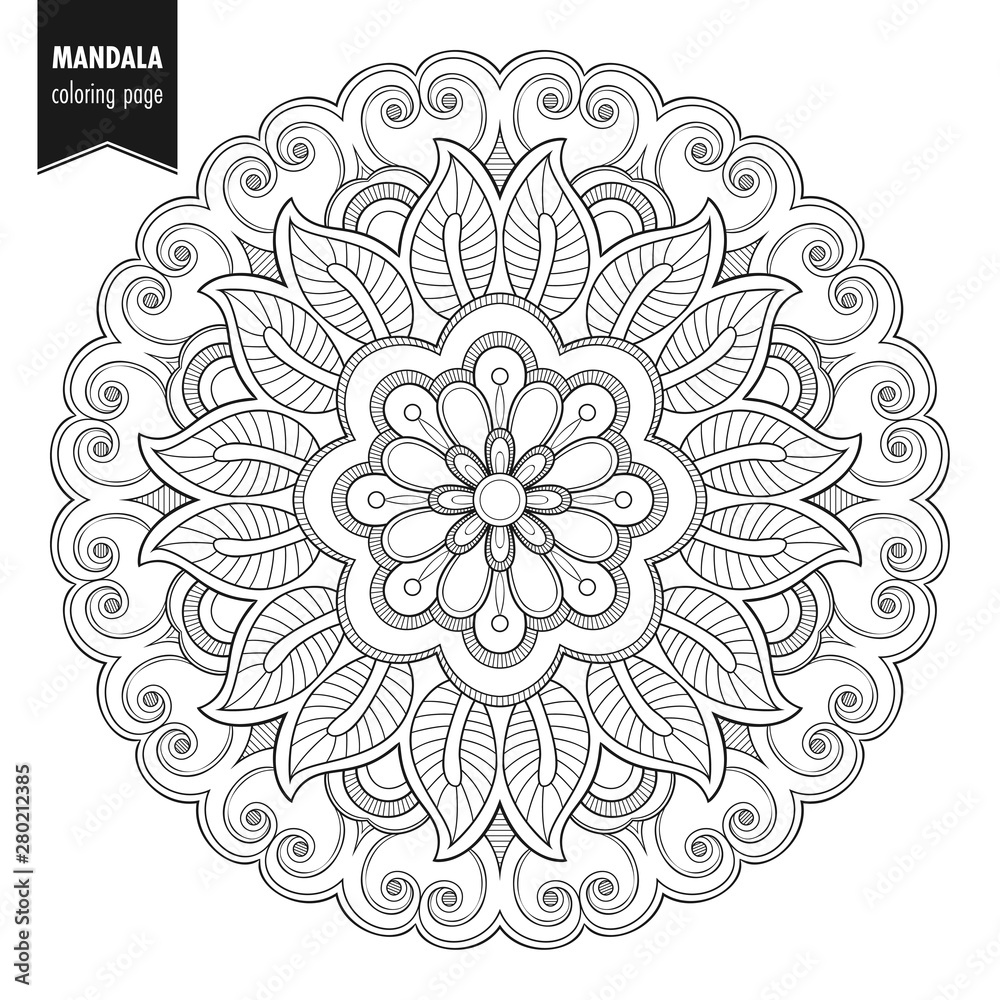 Plakat Decorative monochrome ethnic mandala pattern. Anti-stress coloring book page for adults. Hand drawn illustration