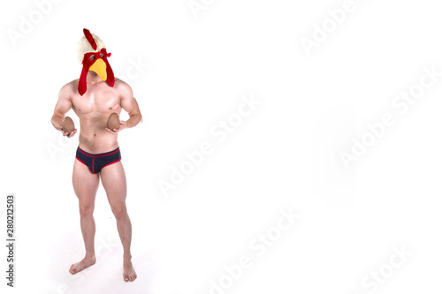 Funny halloween. Attractive sexy guy. White background.