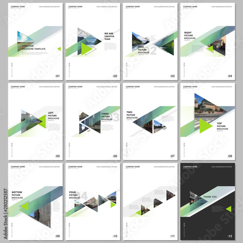 Minimal brochure templates with colorful gradient trangles and triangular shapes on white background. Covers design templates for flyer, leaflet, brochure, report, presentation, advertising, magazine.