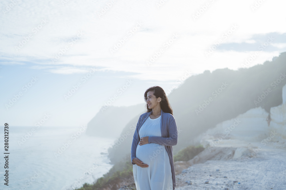 pregnant mother stands next to a cliff against a mountain and sea background pregnant mother stands next to a cliff against a mountain and sea background