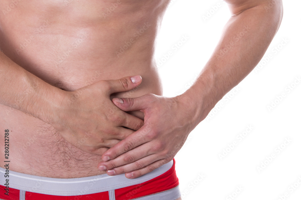 Health problem. Stomach ache. White background. Health problem. Stomach ache. White background.