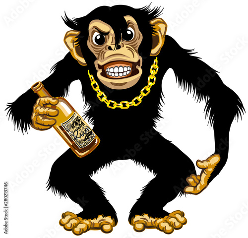cartoon chimpanzee great ape with golden chain on the neck and holding empty bottle of rum. Aggressive chimp monkey after drinking alcohol. Standing dangerous pose. Isolated vector illustration