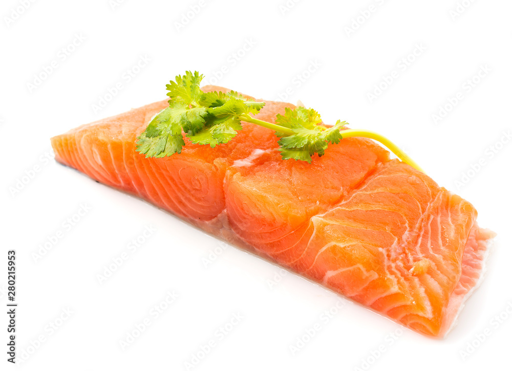 Raw salmon with coriander leaves on the White Blackground Raw salmon with coriander leaves on the White Blackground