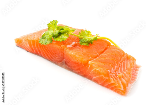 Raw salmon with coriander leaves on the White Blackground