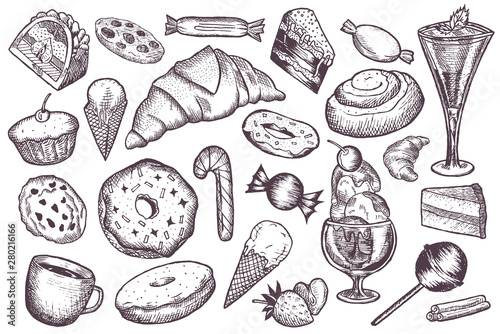 Set of different sweets. Hand-drawn vector illustration.