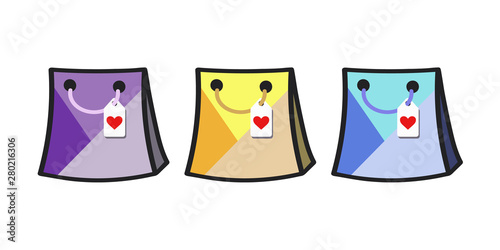  Gift bag icon set with heart tags. Flat vector in purples, yellows and blues. 