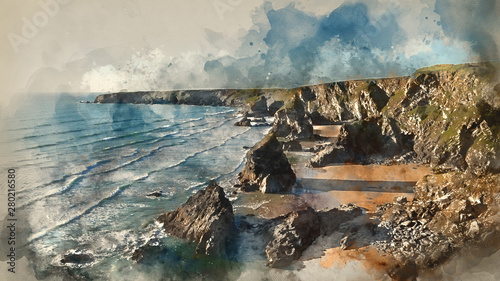 Digital watercolour painting of Stunning dusk sunset landscape image of Bedruthan Steps on West Cornwall coast in England photo