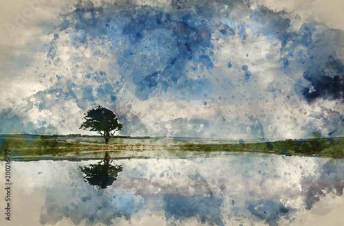 Digital watercolour painting of Dramatic stormy sky reflected in dew pond countryside landscape photo