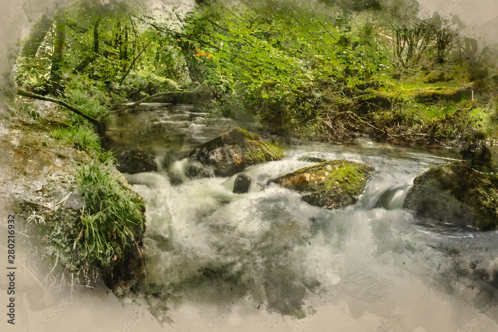 Digital watercolour painting of Stunning landscape iamge of river flowing through lush green forest in Summer