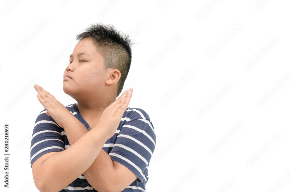 serious obese fat boy showing crossed hands serious obese fat boy showing crossed hands