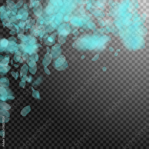 Turquoise flower petals falling down. Alluring rom
