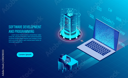 software development and coding. programming of concept. data processing. Computer code with window interface. flat isometric illustration