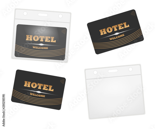 Clear plastic card holder with hotel RFID keycard, vector template. Horizontal PVC transparent badge sleeve envelope with zip lock