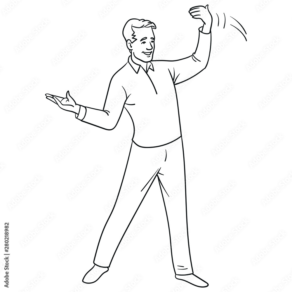 monochrome illustration of a businessman pointing at something and beckoning to himself with the other hand. Character, scribble, outline, comic, ink, sketch, doodle, vector, line, cartoon, black monochrome illustration of a businessman pointing at something and beckoning to himself with the other hand. Character, scribble, outline, comic, ink, sketch, doodle, vector, line, cartoon, black