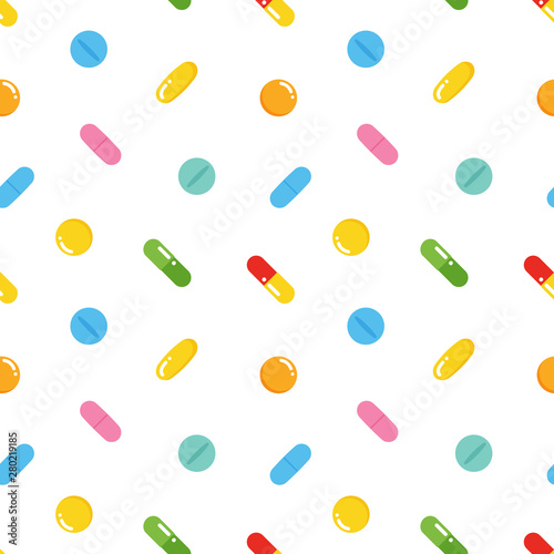 Vector seamless pattern background with colorful pills, medications in different sizes and shapes.