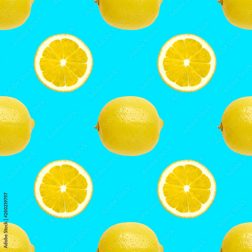 Lemon Seamless photo pattern Halves and whole fresh lemons on a bright blue background