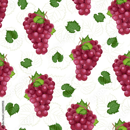 Grape bunch seamless pattern on white background with leaves and sketch, Fresh organic food, Red grapes pattern background, Fruit vector illustration.