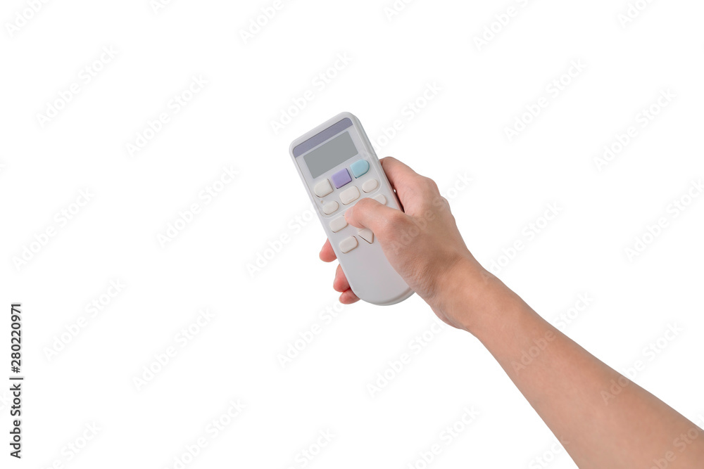 Right hand holding white air conditioner remote control on white background and clipping path Right hand holding white air conditioner remote control on white background and clipping path