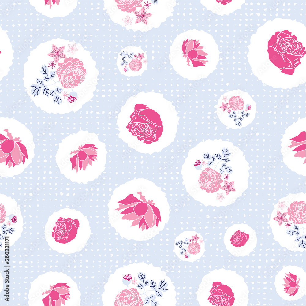 Flowers and circles seamless floral pattern print. Vector