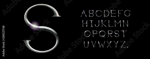 Realistic silver alphabet. Hand crafted serif font with rust effects. Silver classic textured uppercase.