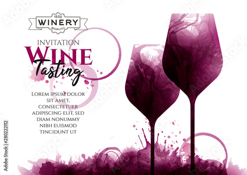 Illustration of two wine glasses with red wine stains, vector. Splashes of wine, liquid, drops, circles of glass. Drawing for wine designs. Event, party, presentation, promotion, menu, book cover.
