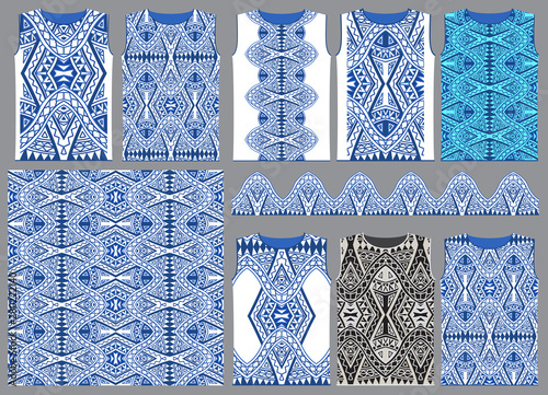 Vector seamless pattern from indigo blue and white geometrical shapes, rhombus, triangles, Maori ornaments, wavy stripes. Tee shirt print. Wrapping paper, wallpaper, Batik textile paint for tunic
