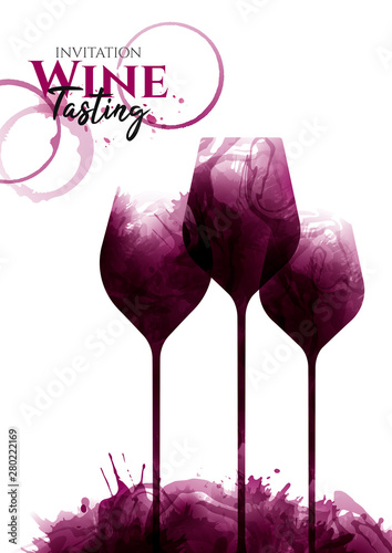 Illustration of three glasses of red wine, elongated. Wine stains and drops. White background with sample text. Elegant, creative, artistic. Poster, flyer, banner, magazine cover, decoration.