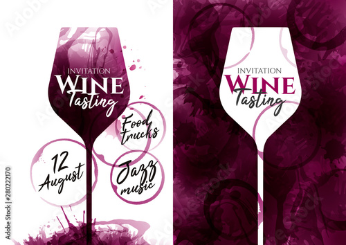 Illustration of red wine glass with color spots. Wine glass silhouette with strokes and wine stains background. Sample text. Wine tasting invitation, promotion banner, event flyer.