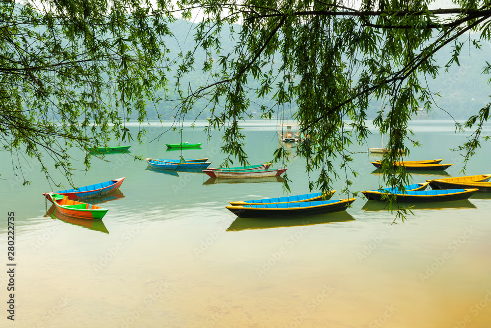 Obraz premium Colorful Boats in Phewa Lake Pokhara Nepal