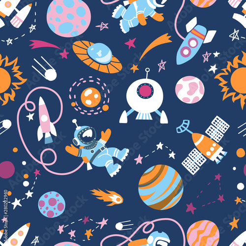 Cartoon sci-fi space background. Vector Illustration.Set of color images of an astronaut in space, UFOs, spaceships, stars. planets, comets, meteorites