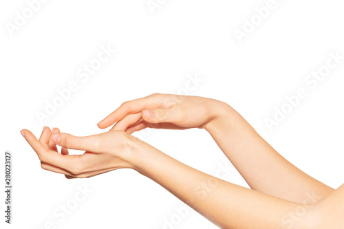 Pair of female hands isolated on white background