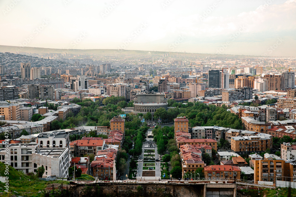YEREVAN, ARMENIA - May 10, 2019: View of City of Yerevan and Cascade complex, one of the major tourist attractions of the City. It houses the famous Cafesjian Center for the Arts.
