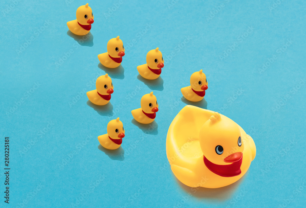 Baby Duck Toys with Mom (Big Duck) on Blue Background, with Copyspace included. Summer Concept. Baby Duck Toys with Mom (Big Duck) on Blue Background, with Copyspace included. Summer Concept.
