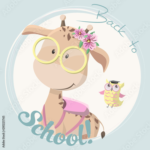 Vector card. Back to school for girl. Blue background