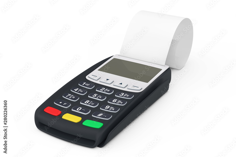Bank Terminal Cash Register POS Machine for Payment with Blank Rolled Cach Tape. 3d Rendering Bank Terminal Cash Register POS Machine for Payment with Blank Rolled Cach Tape. 3d Rendering