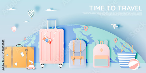 Travel various items in paper art style