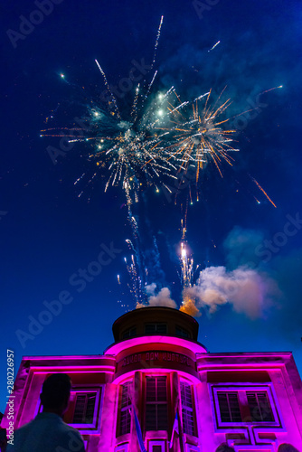 Loznica, Serbia - July 10, 2019: Vuk's House of Culture (serbian: Vukov dom kulture) in the center of Loznica. Fireworks in Loznica. photo