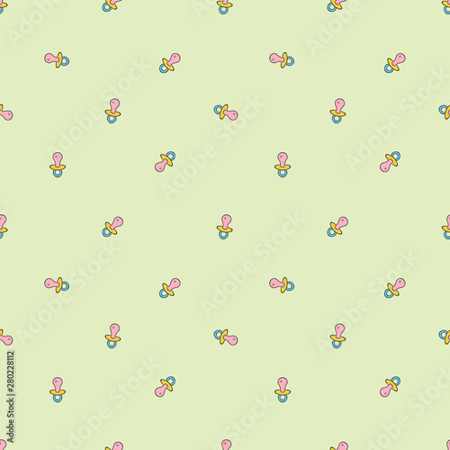 Seamless background with baby pacifier. Simple minimalistic illustration on neutral pastel green background.