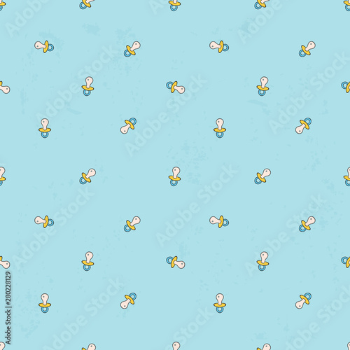 Seamless background with baby pacifier. Simple minimalistic illustration on light blue background