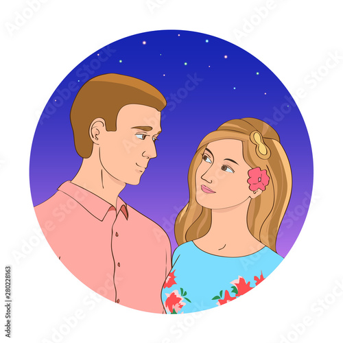 Young beautiful guy and girl are looking at each other against the starry blue sky. Vector illustration.