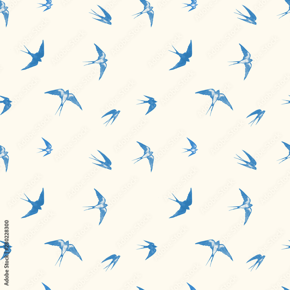 Seamless pattern with black flying swallow birds