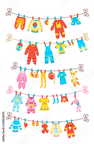 Various items of baby clothes on rope isolated vector illustration on white background. Laundry held by plastic pegs drying.