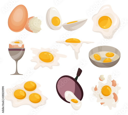 Egg vector healthy food eggwhite or yolk in egg-cup for breakfast illustration set of eggshell or egg shaped ingredients isolated on white background.