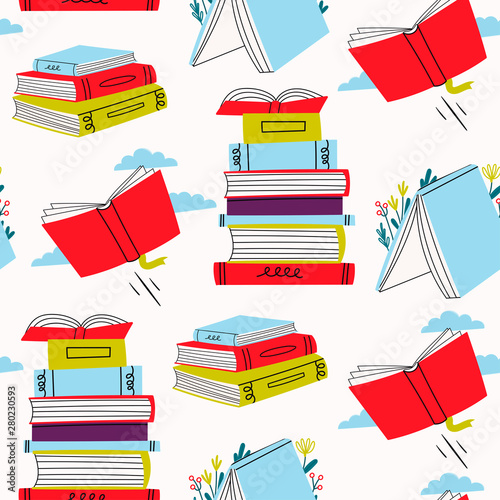 Read more books. Various books and stacks of books. Pile of colorful books. Hand drawn educational vector seamless pattern. Flat design. Cartoon style
