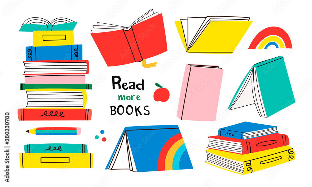 Read more books. Set for book lovers. Various books, stack of books,  notebooks. Hand drawn educational vector illustration. Flat design. Cartoon  style. Everything is isolated Stock Vector | Adobe Stock