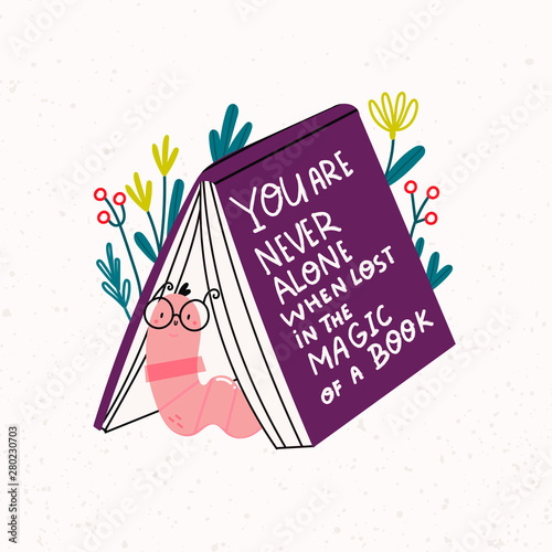 Bookworm. Book standing like a tent with worm in glasses. Hand drawn colored trendy vector illustration. Flat design. Cartoon style