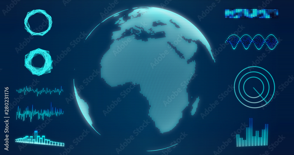 Abstract wireframe Earth globe hologram with Europe and Africa map on blue background 3d rendering. HUD elements, x-ray, digital data and radar interface set for futuristic Sci-Fi interface Abstract wireframe Earth globe hologram with Europe and Africa map on blue background 3d rendering. HUD elements, x-ray, digital data and radar interface set for futuristic Sci-Fi interface